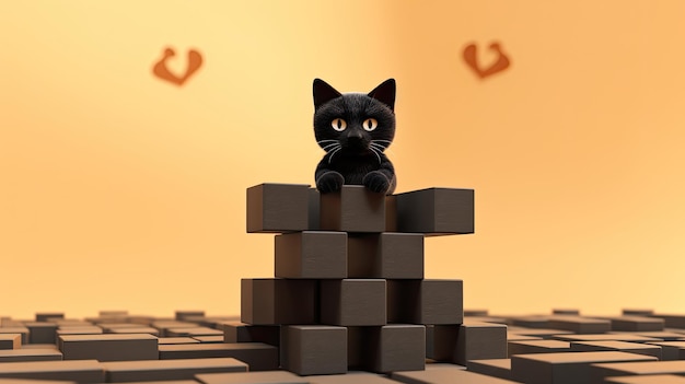 um gato preto está sentado em uma parede de tijolos com fundo amarelo.