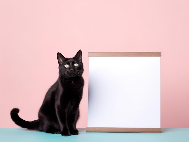 Um gato preto fofo com um quadro branco em branco sobre fundo de cor pastel isolado, divertido e adorável animal de estimação generativo ai