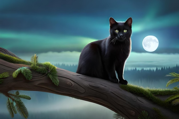 Um gato preto senta-se em um galho em frente à lua cheia.