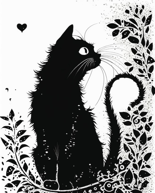 Um gato preto senta-se em uma moldura floral com um coração no meio.