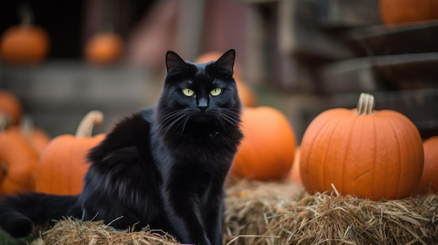 Um gato preto senta-se na frente de abóboras.