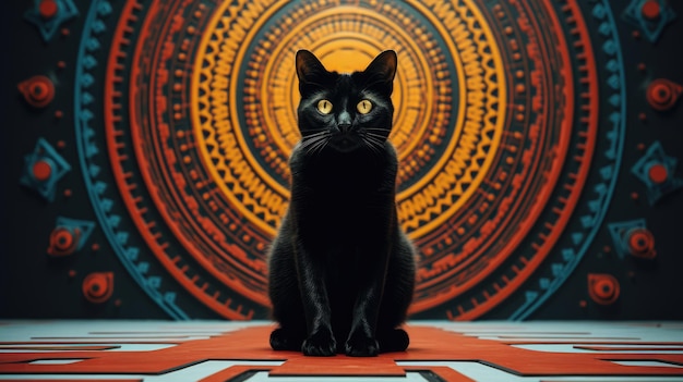 Um gato preto senta-se no chão e olha para uma parede branca Generative Ai