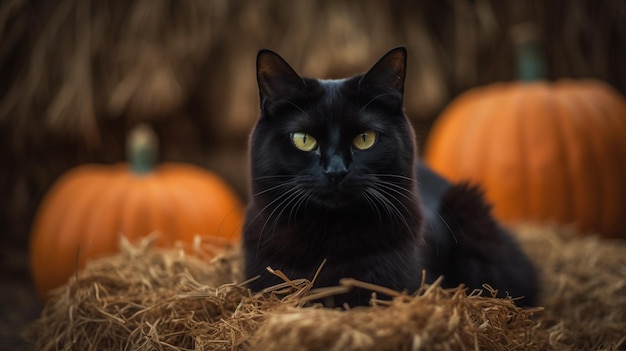 Um gato preto senta-se no feno com abóboras ao fundo.