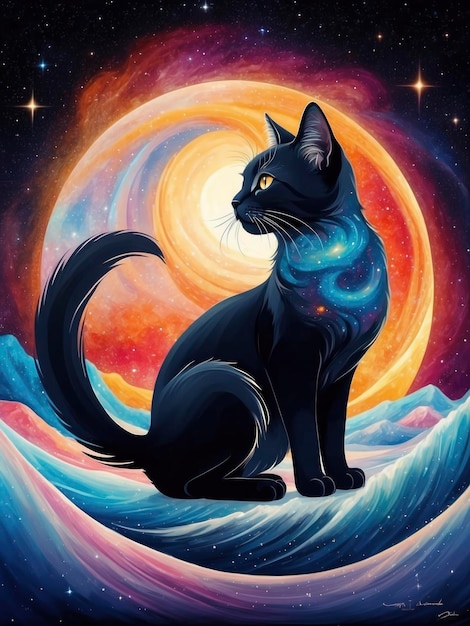 um gato preto sentado em uma onda no céu noturno com um sol brilhante