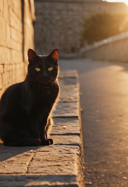 um gato preto sentado em uma parede com o sol brilhando sobre ele