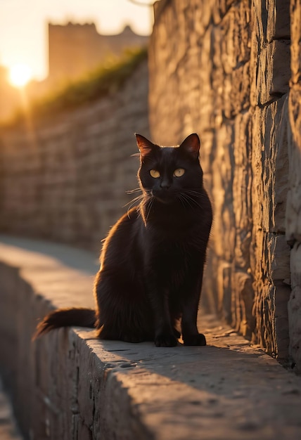 um gato preto sentado em uma parede de pedra ao sol