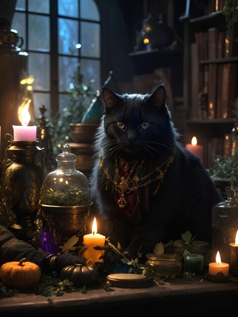 Foto um gato preto sentado na frente de velas