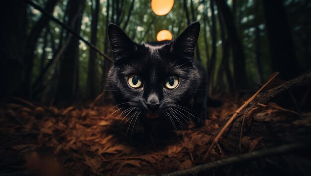 Um gato preto sentado no meio de uma floresta gerando uma imagem