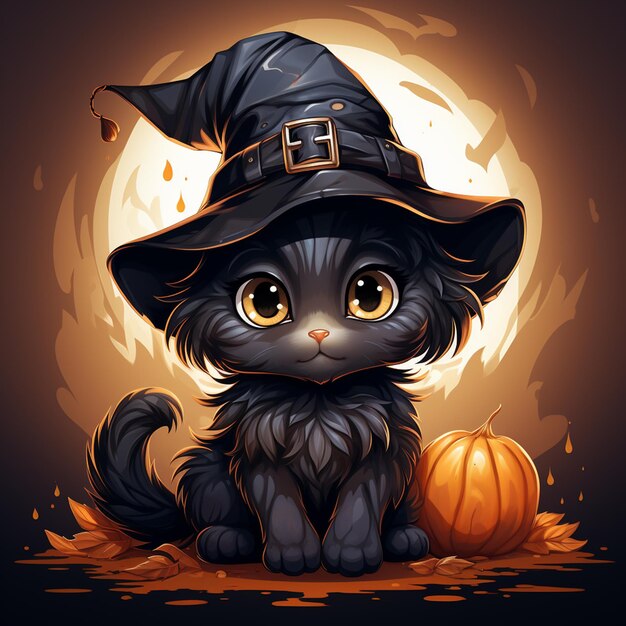 um gato preto usando um chapéu de bruxa tema de halloween