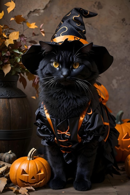 Um gato preto vestido de bruxa usando abóbora de Halloween