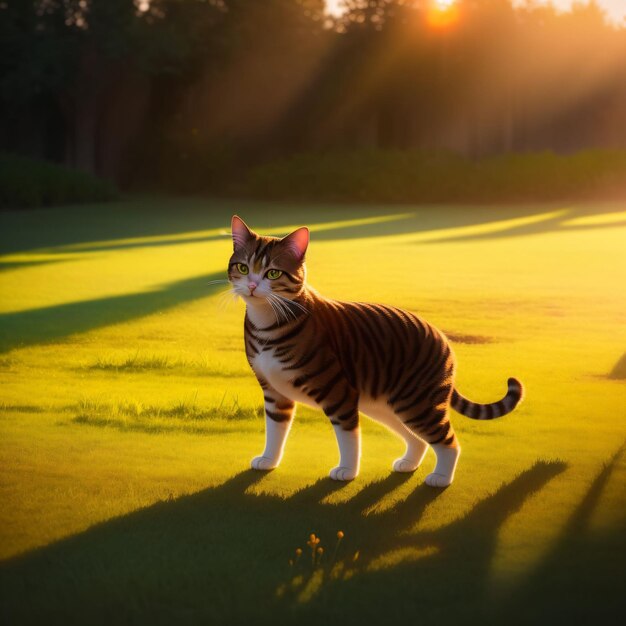 Um gato que está parado na grama com o sol brilhando por entre as nuvens.
