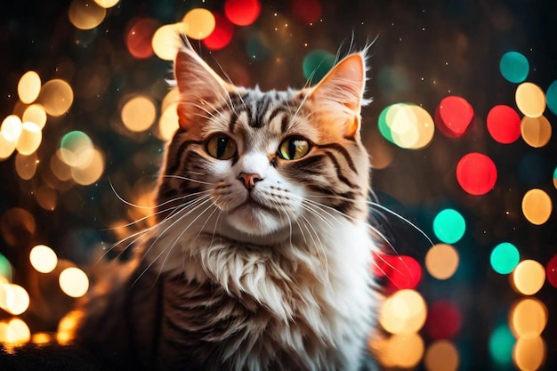 um gato que está sentado na frente de uma árvore de Natal