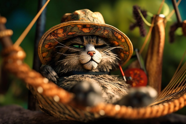 Um gato relaxado usando um chapéu de palha e óculos de sol cochilando em uma rede com uma vara de pescar na pata e uma expressão satisfeita