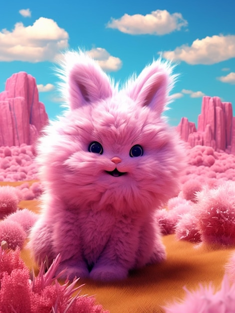 Um gato rosa com olhos azuis senta-se em um deserto com nuvens cor de rosa.