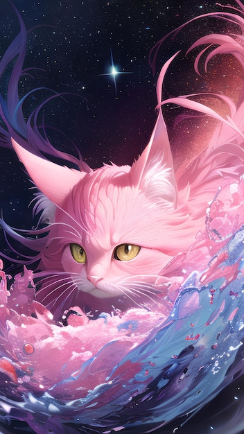 Um gato rosa encantador sob o céu noturno