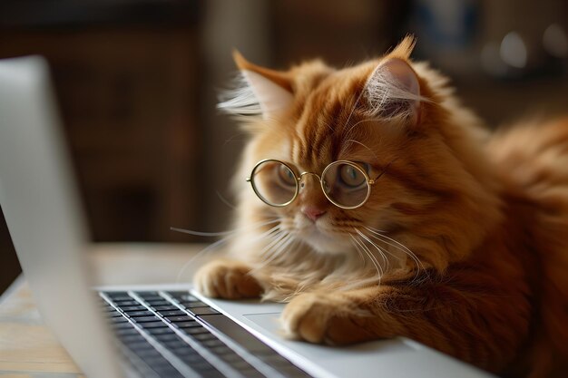 Foto um gato roxo de óculos a trabalhar num portátil.