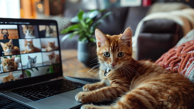 Um gato roxo está deitado em um laptop o gato está olhando para a câmera o laptop está aberto há uma videoconferência na tela do laptop