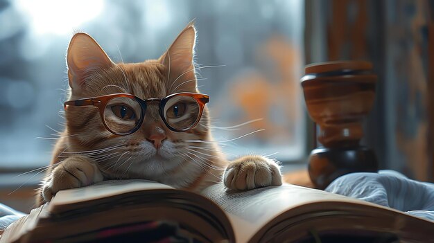 Um gato roxo usando óculos com bordas de chifres está sentado em um livro O gato está olhando para a câmera com uma expressão curiosa