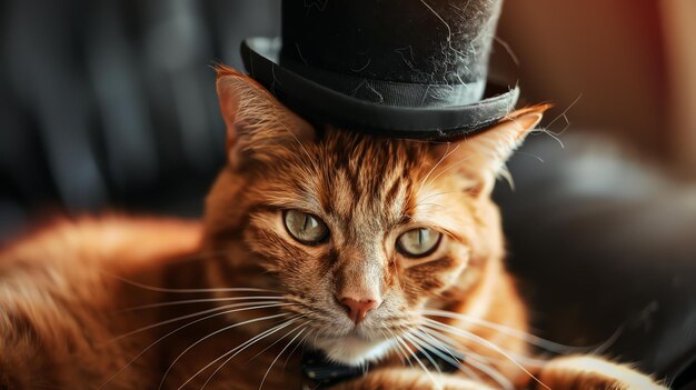 Um gato roxo vestindo um chapéu preto está sentado em uma cadeira de couro preto O gato está olhando para a câmera com uma expressão séria