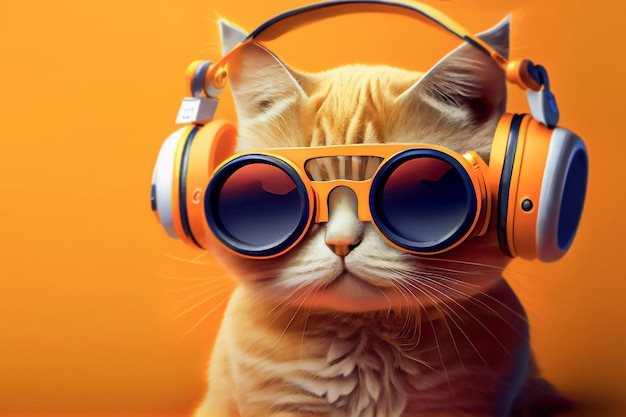 Um gato ruivo com fones de ouvido e óculos da moda ouve música eletrônica ácida em uma laranja