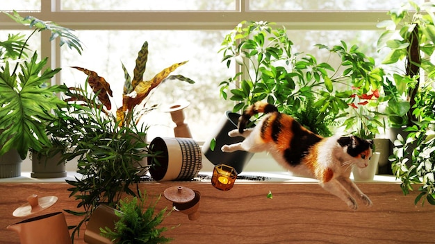 Um gato salta sobre um vaso de plantas em frente a uma janela.