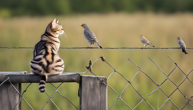 Um gato senta em cima do muro e observa um pássaro sentado