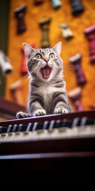 Um gato senta em um piano e olha para a câmera.