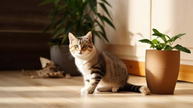 Um gato senta no chão ao lado de um vaso de plantas