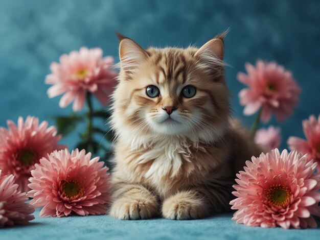 um gato senta-se ao lado de algumas flores