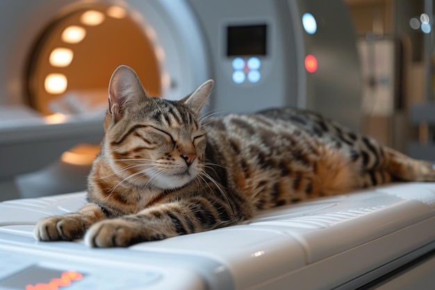 Um gato senta-se calmamente na cama de uma máquina de ressonância magnética esperando uma varredura em um ambiente médico veterinário