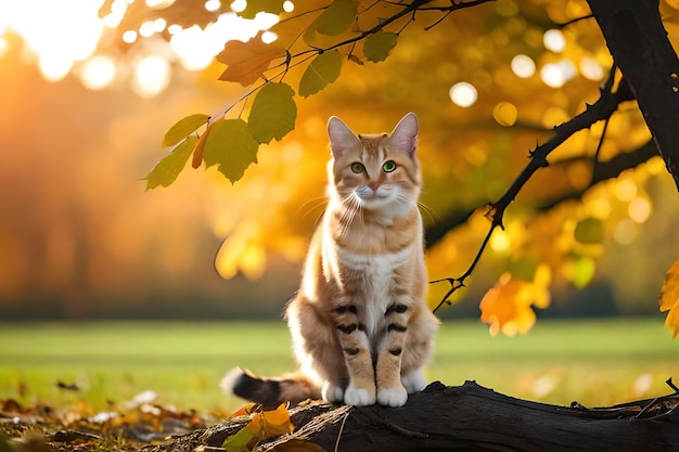 Um gato senta-se em um galho de árvore no outono.