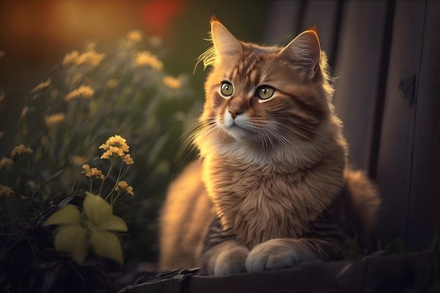 Um gato senta-se em um jardim com flores amarelas.