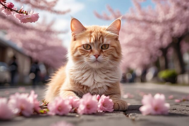 um gato senta-se em um leito de flores com flores cor-de-rosa