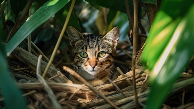 Um gato senta-se em um ninho com olhos verdes.