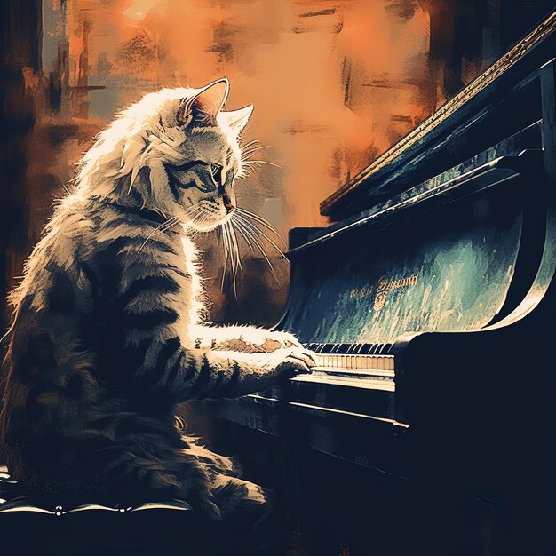 Foto um gato senta-se em um piano com uma foto de um gato do lado