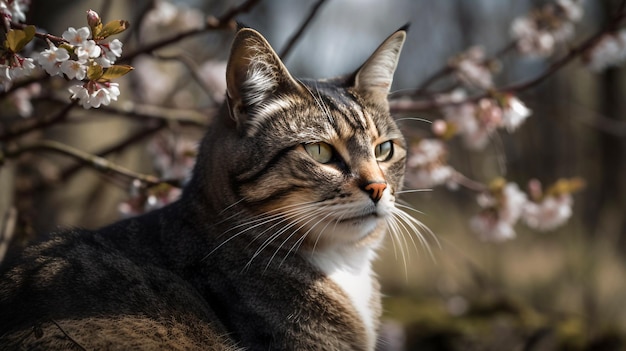 Um gato senta-se em uma árvore com flores ao fundo