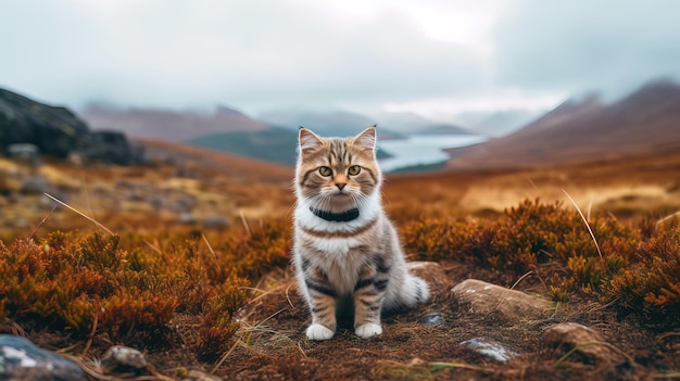 Um gato senta-se em uma colina em um campo