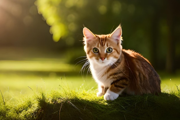 Um gato senta-se em uma grama ao sol