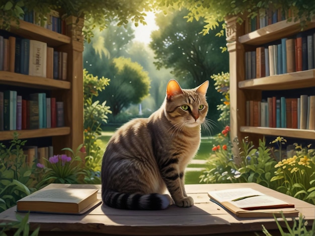 um gato senta-se em uma prateleira de livros com livros ao fundo