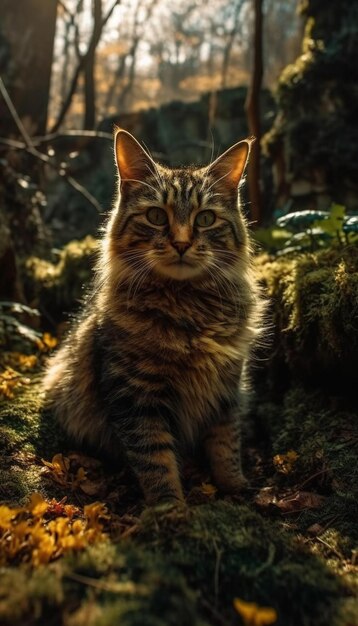 Um gato senta-se na floresta à luz do sol.