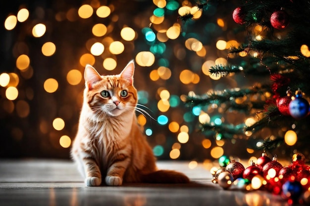 um gato senta-se na frente de uma árvore de Natal com uma Árvore de Natal ao fundo