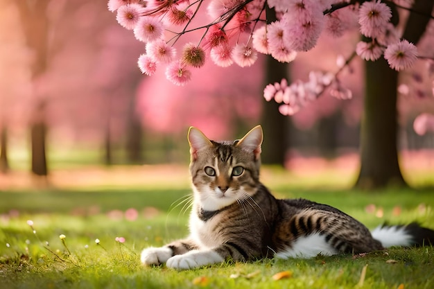 Um gato senta-se na grama debaixo de uma árvore rosa