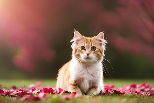 Um gato senta-se na grama em frente a um fundo rosa