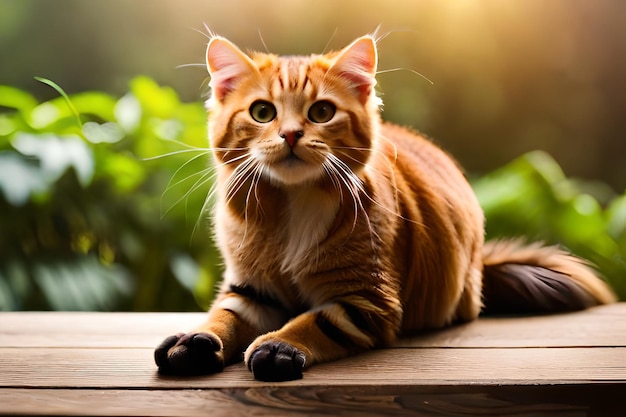 Um gato senta-se numa mesa de madeira ao sol.