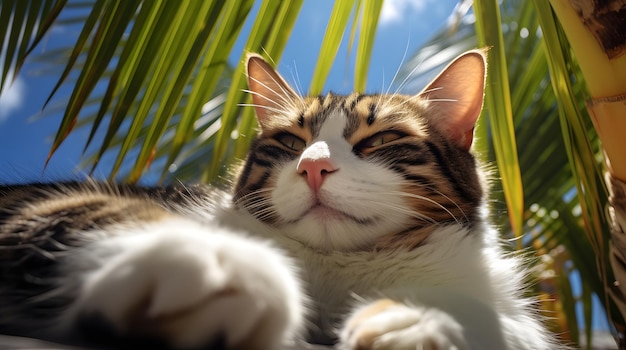 um gato sentado à sombra de uma palmeira relaxando