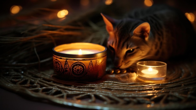Um gato sentado ao lado de uma vela e algumas velas acesas