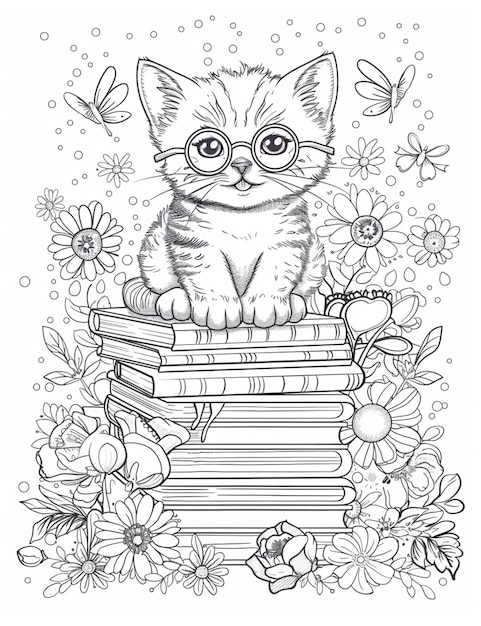 Foto um gato sentado em cima de uma pilha de livros cercados por flores