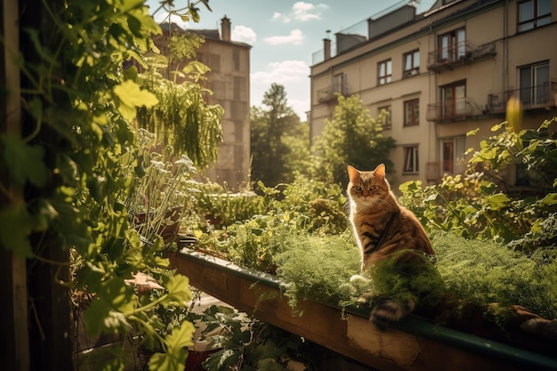 Um gato sentado em um jardim de varanda repleto de plantas que ajudam a purificar o ar, destacando o impacto positivo que os gatos podem ter na promoção de espaços verdes e na redução da poluição do ar Generative AI