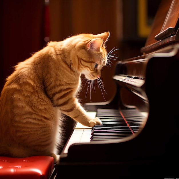 Um gato sentado em um piano