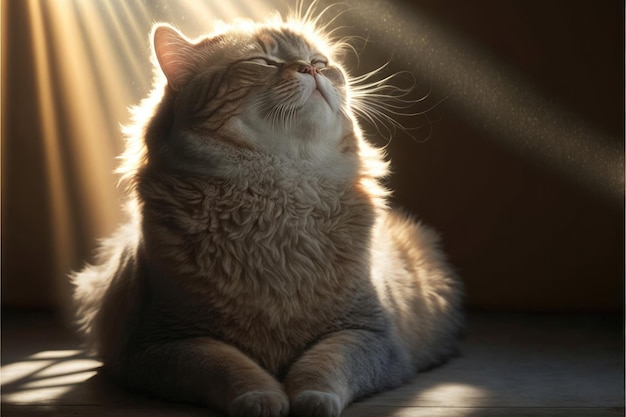 Um gato sentado em um raio de sol com os olhos fechados